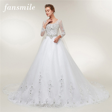 Fansmile-Vestido De Novia De encaje con cristales, manga larga, tren hecho a medida, talla grande, FSM-405T De boda, 2020 2024 - compra barato