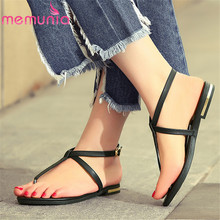 MEMUNIA-Sandalias de piel auténtica para mujer, chanclas de color sólido con hebilla, zapatos planos de verano, talla grande 46, novedad de 2020 2024 - compra barato