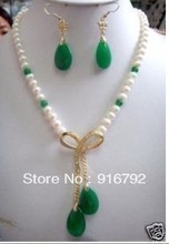free shipping  *******Exquisite white pearl green stone earrings pendant necklace 2024 - buy cheap