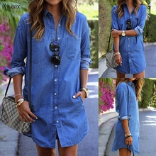 Women's Blue Jeans Denim Pocket Long Sleeve Loose Casual Party Short Mini Dress 2024 - buy cheap