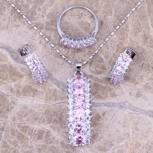 Luxurious Pink White CZ Silver Plated Jewelry Sets Earrings Pendant Ring Size 6 / 7 / 8 / 9 / 10 S0156 2024 - buy cheap