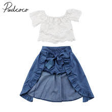 2018 Brand New 3PCS Princess Toddler Girl Sets Off Shoulder Lace Floral White T-Shirts Tops Blue Denim Shorts Skirt Sets 1-6T 2024 - buy cheap