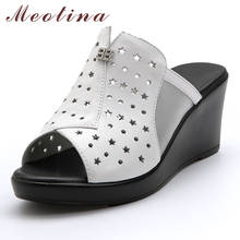 Meotina Women Slippers Summer Shoes Natural Genuine Leather Crystal Wedge High Heels Shoes Cutout Peep Toe Slides Lady Sandals 9 2024 - buy cheap