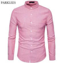 Camisa masculina de gola mandarim oxford vestido 2018 outono novo slim fit camisa de manga longa homens negócios casual marca camisa com bolsos 2024 - compre barato