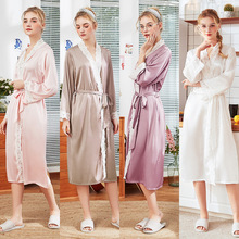 Kimono Roupão de Seda das mulheres Sexy Laço de Cetim Na Altura Do Joelho Da Dama de honra Rosa Sólida Roupão De Banho Vestir Vestido para o Casamento de Noiva Sleepwear 2024 - compre barato