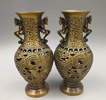 Pair 18CM height classical copper brass carvings dragon phoenix vase statue 2024 - buy cheap