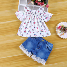 MUQGEW New Fashion Newborn Infant Baby Girls Off Shoulder Print Tops Shirt+Denim Pants Outfits Sets 2019 2024 - buy cheap