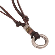 Retro Vintage Casual Sport Brown Long Genuine Leather Adjustable Chain Men Alloy 2 Circles Pendant Necklace Women Punk Jewelry 2024 - buy cheap