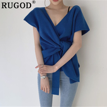 RUGOD Fashion knitted women sweater Korean chic Deep V neck short sleeve solid sweater tops 2024 - buy cheap