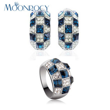 MOONROCY Free Shipping fashion Blue Cubic Zirconia Crystal Ring and Earrings Rose Gold Color Jewelry set for Women gift 2024 - buy cheap