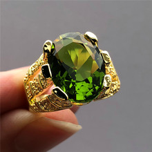 Nueva Moda hombre Peridot Oval anillo de dedo de lujo de cristal grande anillo de piedra de circón 14KT amarillo oro promesa de anillos de compromiso para los hombres 2024 - compra barato