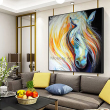 Pinturas al óleo de caballos hechas a mano, arte de pared colorido de animales, imágenes de pared para decoración del hogar y sala de estar, grandes y originales 2024 - compra barato