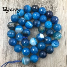 Cuentas de Ágatas con encaje de rayas azules facetadas, abalorios redondos de piedra perforada, 5 hebras/lote MY0063 2024 - compra barato