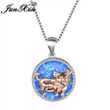 JUNXIN Cute Zodiac Gold Pig Pendant Blue Fire Opal Necklaces For Women White Gold Filled Clavicle Necklace Valentine Jewelry 2024 - buy cheap