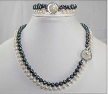 Lovely nice bridal jewelry 2 ROW 8-9MM AAA SOUTH SEA White black Pearl Necklace 18 "+ Bracelet 7.5 " woman word wholesale 2024 - buy cheap