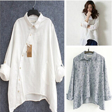 2015 New Women Shirt Cotton Linen Slant Oblique Button White Blue Floral Turn-down Collar Irregular Plus Size Solid Loose Blouse 2024 - buy cheap