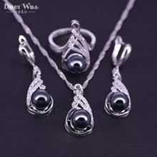 Women Costume Freshwater Natural Black Pearl Silver Color Jewelry Sets Zircon Pendant&Necklace Rings Earrings Gift Box 2024 - buy cheap