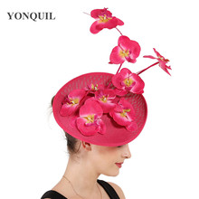 Tocado elegante de plumas para mujer, tocado nupcial para el pelo, sombrero con patrón Floral rosa, tocado para fiesta y cóctel 2024 - compra barato
