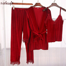 Fdfula pijama feminino de inverno, pijama sexy para mulheres, 3 peças, dourado, veludo, quente, dormir, para mulheres 2024 - compre barato