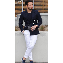 2018 Navy Blue Double Breasted Men Suit Casual Blazer costume homme Tuxedo Custom Jacket Style men Suit 2pcs(jacket+white pants) 2024 - buy cheap