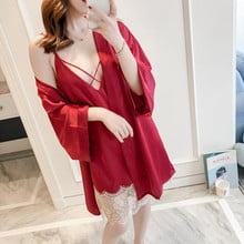 MECHCITIZ 2019 new silk robe for women sexy gown sets bathrobe sleepwear dress summer silk pajamas dress woman robe lingerie set 2024 - buy cheap