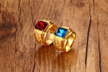 High Quality New Design Fashion Jewelry Blue Red Shiny Rhinestones Ring Men Classic Party Gold Color Rings For Mans 2024 - buy cheap