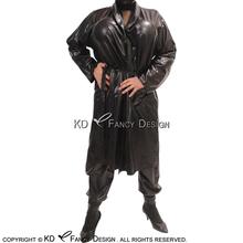 Black Sexy Latex Pajamas With Pockets Long Sleeves Belts Rubber Jacket Coat Robe YF-0068 2024 - buy cheap