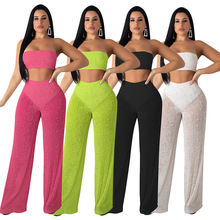 Conjunto de 2 piezas de verano Sexy sin tirantes con hombros descubiertos Crop Top y pantalones largos de pierna ancha sólidos conjuntos informales conjunto de dos piezas 2024 - compra barato