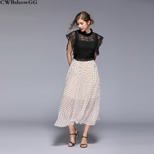 CWBshowGG Summer New Lace Patchwork Polka Dot Print Waist Slim Pleated Chiffon Short Sleeve Stand Collar Fashion Long Dress 2024 - buy cheap