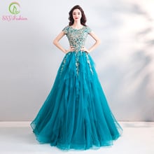 Ssyfashion vestido de festa azul vintage, pavão, bordado de renda, linha a, vestido de baile de luxo formal 2024 - compre barato