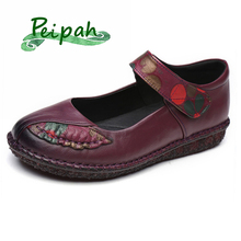Peipah venda quente artesanal retro mulher sapatos de couro genuíno mary janes sapatos casuais impressão hook & loop mãe sapatos 2024 - compre barato