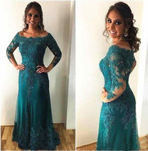 New Turquoise Boat Neck Long Sleeve Lace Mother Of The Bride Dresses 2019 Appliques Groom Godmother Evening Dresses For Wedding 2024 - buy cheap
