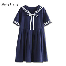 Vestido de algodón con cuello de marinero para mujer, prenda bonita de manga corta, estilo Preppy, con lazo, Color Azul Marino 2024 - compra barato