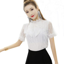 Женская блузка с бантом, кружевная блузка с цветочным принтом, облегающая сетчатая блузка с коротким рукавом, AB1410, лето 2019 2024 - купить недорого