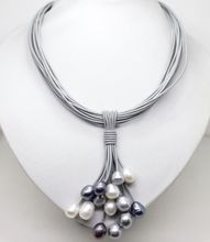 Ожерелье из натурального пресноводного жемчуга 12 мм, белый, черный, серый цвет, кожаный шнур, магнитная застежка 2024 - купить недорого