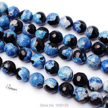 Alta qualidade 12mm natural azul preto ágata formato redondo facetado faça você mesmo gemas contas soltas fio 15 "jóias criativa fabricação w3315 2024 - compre barato