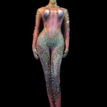 Для женщин праздновать фестиваль комбинезоны бар певица танцевальный сценический костюм Блестящие Кристаллы Стразы сексуальный комбинезон телесного цвета стрейч наряд 2024 - купить недорого
