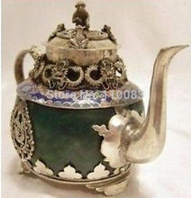 Vintage Handwork Teapot For Chinese Oriental Rare tibet silver monkey dragon green jade teapot Antique Metal Wholesale 2024 - buy cheap