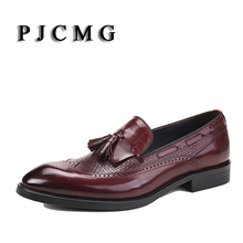 Sapato de couro legítimo pjcmg, confortável, preto/vermelho, bico fino, rasteirinha com borla, casual, clássico, cavalheiro 2024 - compre barato