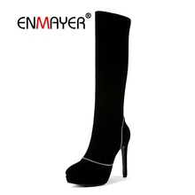 ENMAYER Woman Knee High boots Winter Causal Round toe Thigh High boots Black Big Size 33-43 High heel Zip Platform Shoes CR1641 2024 - buy cheap