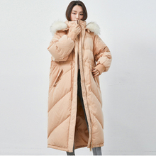 Casaco de inverno feminino longo com capuz, jaqueta tipo duck down e parca para mulheres, gola em pele de raposa real, 2019 2024 - compre barato