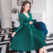 Women Sequins Knitted Sweater Dress 2019 New Brand Fashion Runway Sexy V-Neck Long Sleeve Autumn Winter Dresses Party Vestidos 2024 - buy cheap