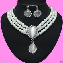 Free shipping .219 Beautiful White Opal Pendant 3 Rows Wht Pearl Necklace Earring 2024 - buy cheap