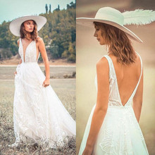 2019 Bohemian Wedding Dresses Deep V Neck Sleeveless Backless Lace Boho Bridal Gowns Vestidos De Noiva Country Wedding Dress 2024 - buy cheap
