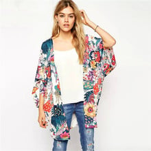 Шифоновая женская блузка в стиле бохо с цветочным принтом, Пляжная шаль, кимоно, кардиган, рубашки, повседневные свободные топы с коротким рукавом, длинная блуза, одежда 2024 - купить недорого