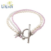 Lii ji pequena moonstone, zircão rosa, pérola de água doce 925 prata esterlina ot fecho brilhando 3 linhas pulseira para meninas femininas 2024 - compre barato