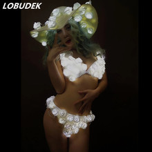 Bikini con sujetador con flores y luz LED blanca para mujer, traje corto con estampado de flores, para discoteca, fiesta, Bar, DJ, escenario, pasarela, Sexy 2024 - compra barato