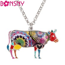 Bonsny Alloy Enamel Floral Bull Cattle Cow Necklace Chain Pendant For Women Girls Lady Farm Animal Jewelry Wholesale Accessories 2024 - buy cheap