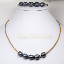 free shipping $wholesale_jewelry_wig$ set real black pearl stone handmade brown leather bracelet pendant necklace 18" 2024 - buy cheap