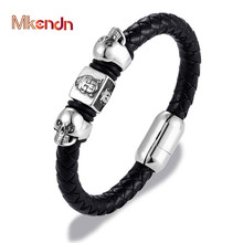 MKENDN New Arrival Buddha He Braided Leather Bracelet Men Skull Stainless Steel Magnetic Clasp Bangles Punk Male Jewelry 2024 - buy cheap